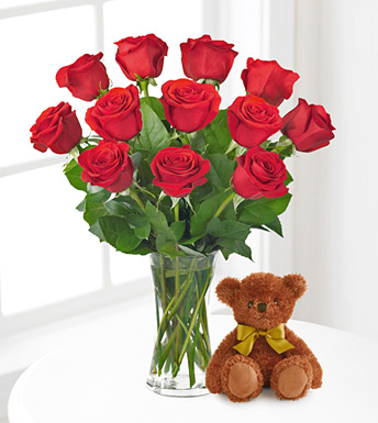 Dozen Red Roses with Teddy Bear and Vase